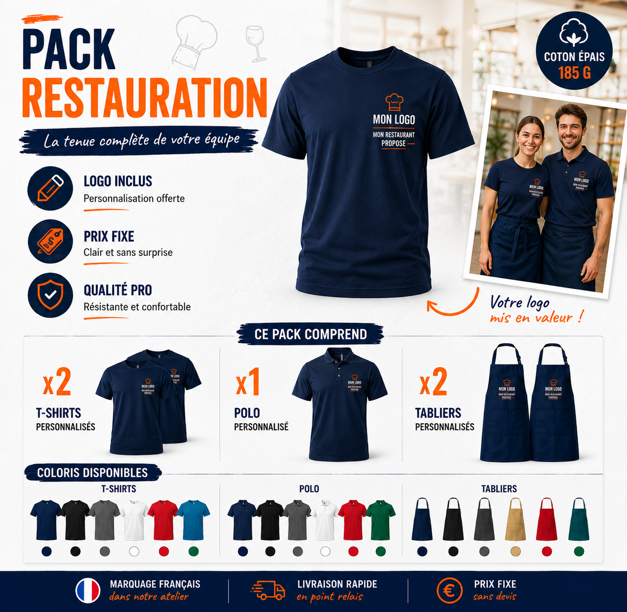 Pack Restaurant - 2 t-shirts, 1 polo, 2 tabliers personnalises