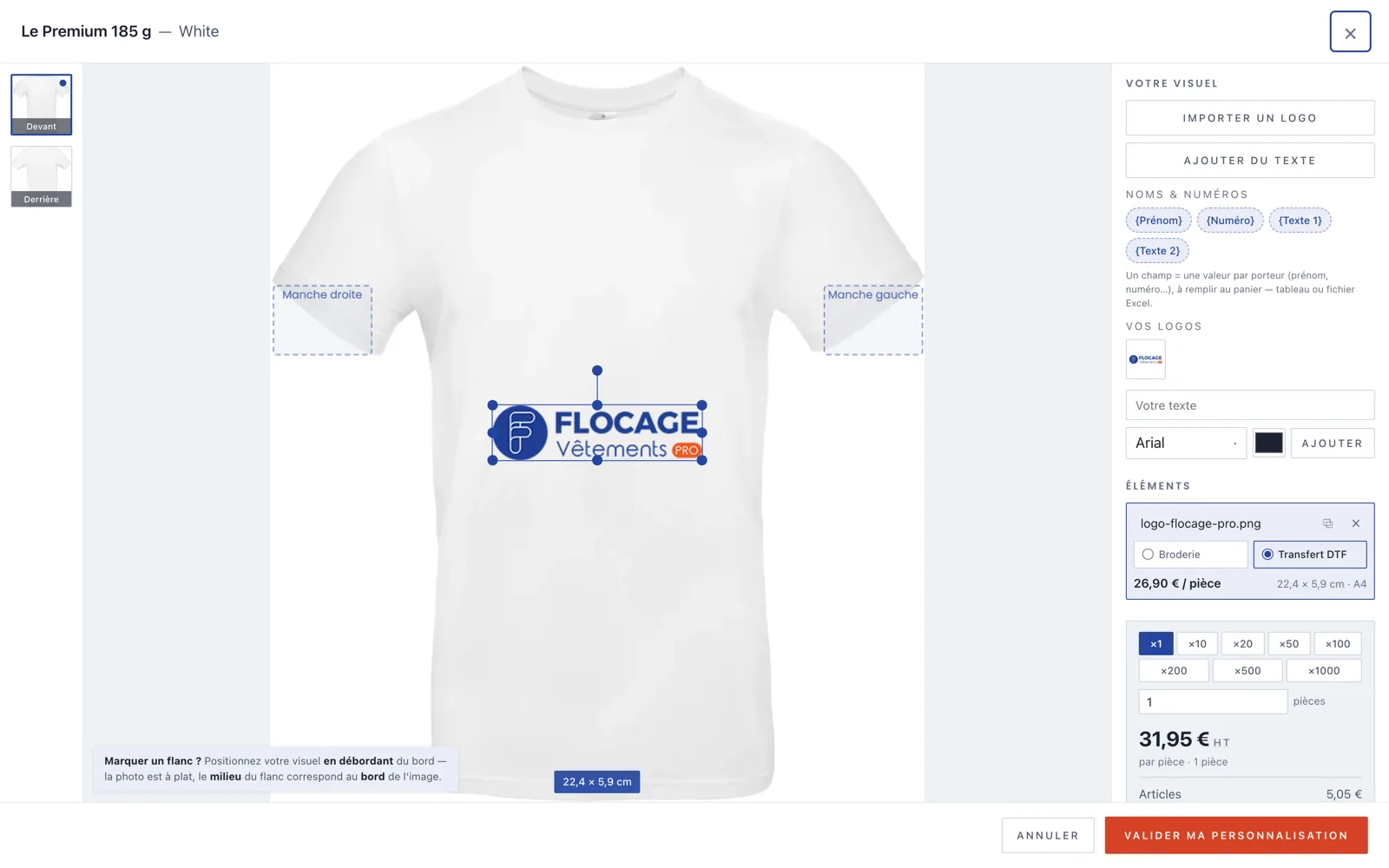 Le Studio : logo posé sur un t-shirt blanc, dimensions en centimètres, choix broderie ou transfert DTF et prix par pièce affichés